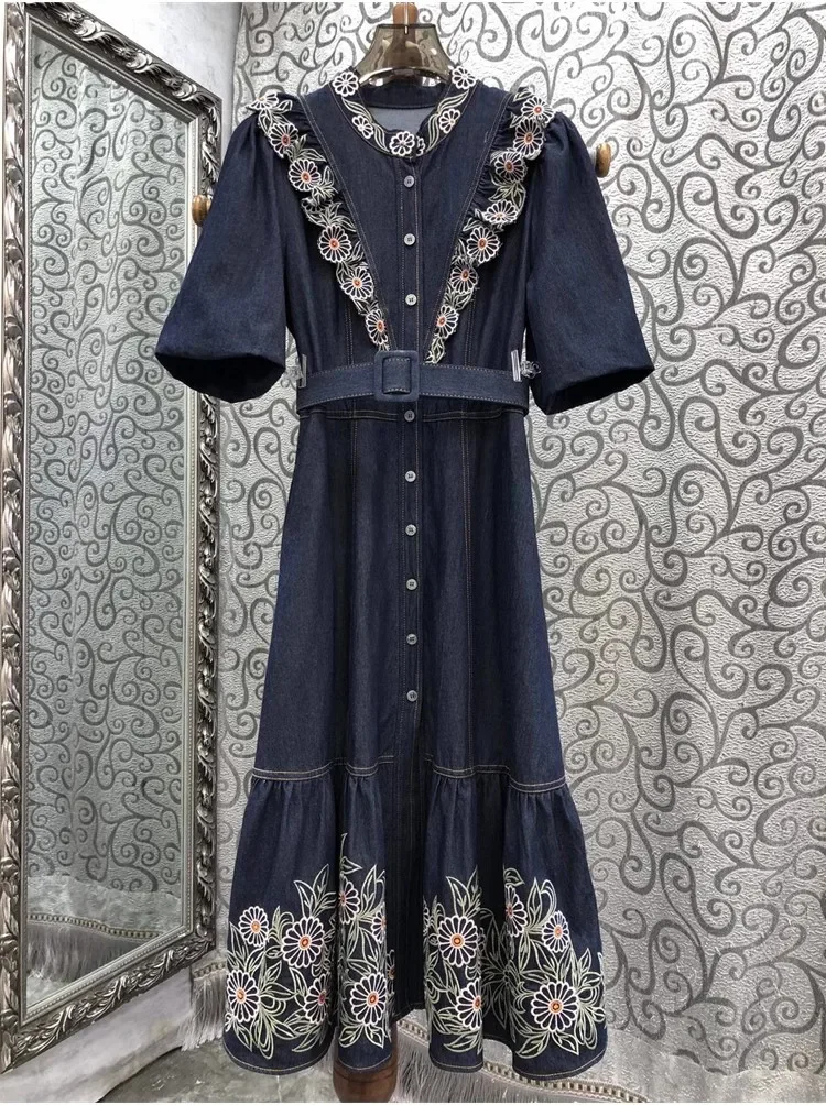 

100%Cotton Denim Dress 2024 Spring Design Clothing Women Ruffle Floral Embroidery Short Sleeve Midi Dark Blue Jeans Dress Casual