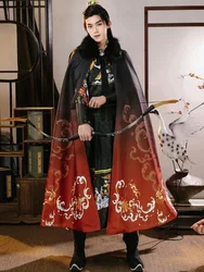 2024 Winter Mighty Qilin Hanfu Cloak Traditional Chinese Men Women Outer Robe Vintage Fashion Big Fur Collar Overcoat Shawl