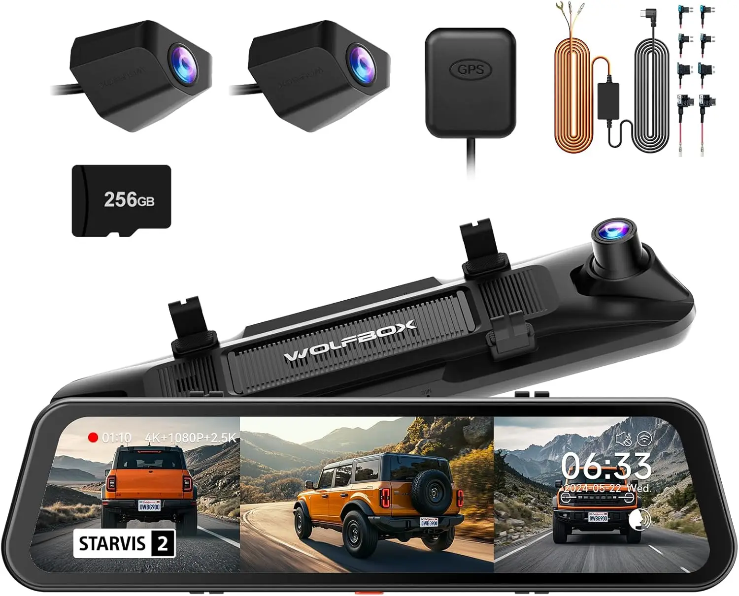 WOLFBOX G900 Tripro Bumper-versie 3-kanaals 4K achteruitkijkspiegel dashcamera, STARVIS 2 IMX678, stembediening, inclusief 256G-kaart