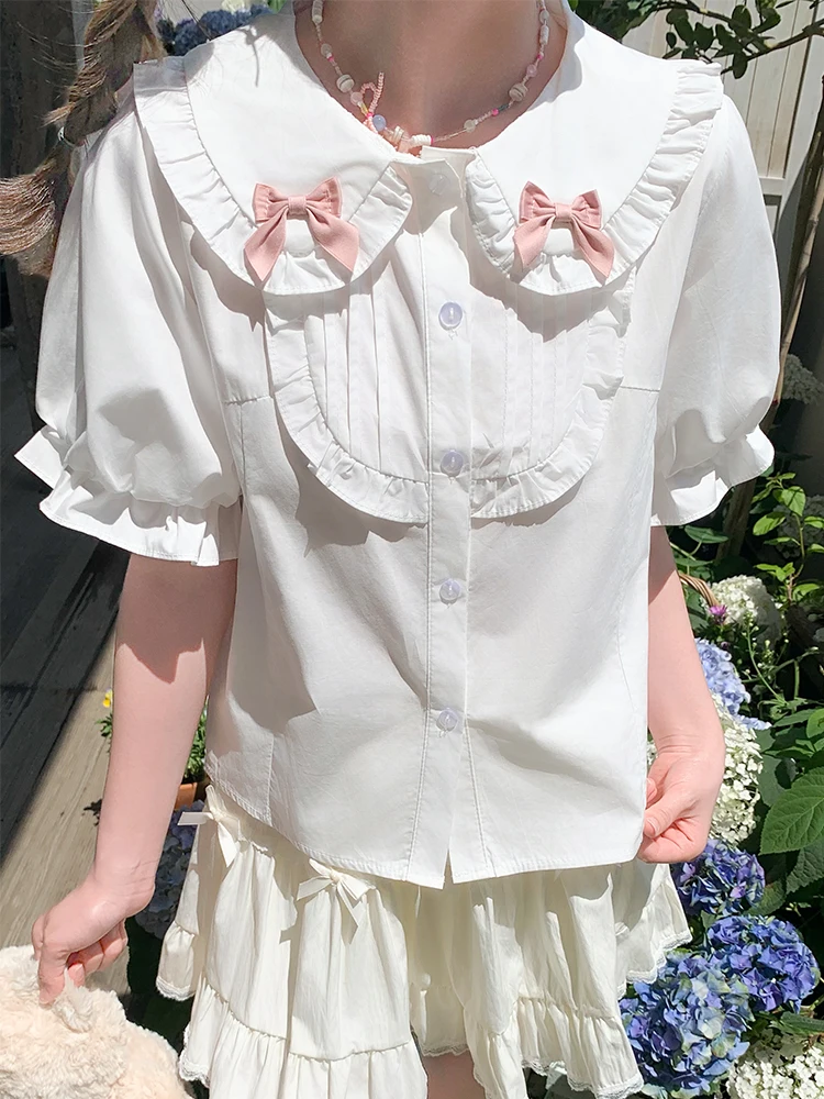 

Lolita Sweet Doll Collar Puff Sleeve Cotton Blouse Women White Lace Bow Layer Tops Summer Cute Kawaii Japanese Style Girl Shirt