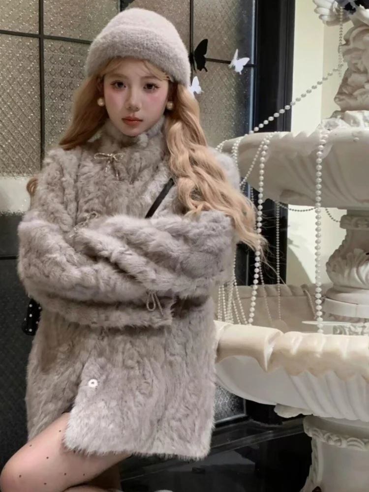 Abrigo de piel de cordero Nunu, piel de visón teñida con cuello alto para mujer, abrigo de piel ecológico todo en uno para invierno