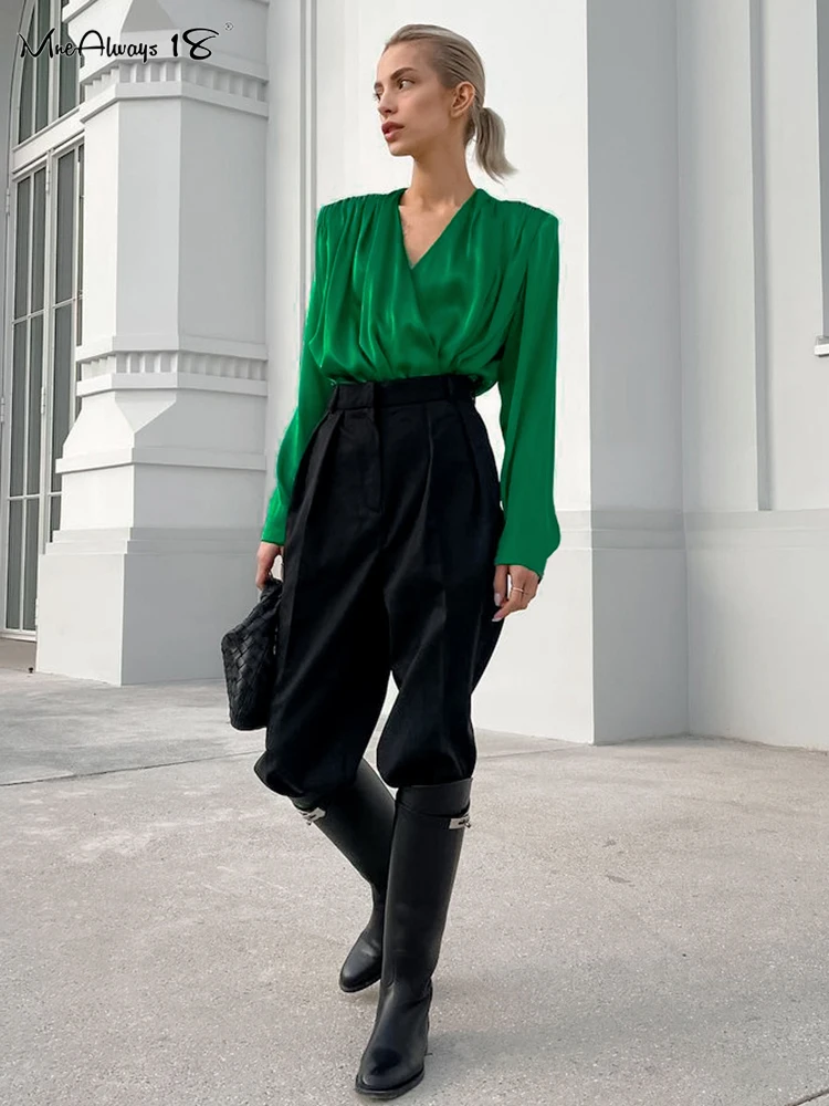 Mnealways18 Shoulder Pad Green Draped Shirts Women Long Sleeve V-Neck Elegant Satin Blouses And Tops Pleated Ladies Office 2023