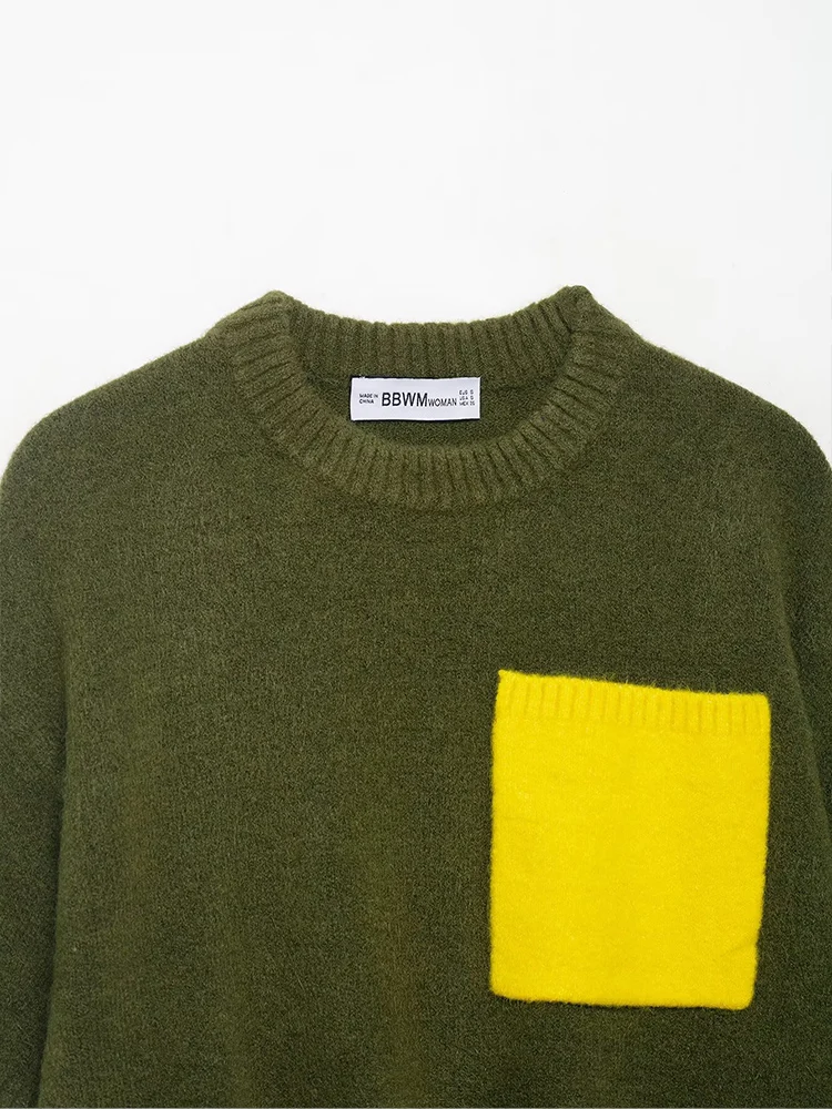 Sweter lengan pendek wanita gaya Eropa baru, serbaguna, berkesan elegan, kerah bulat, hiasan saku, kombinasi warna.