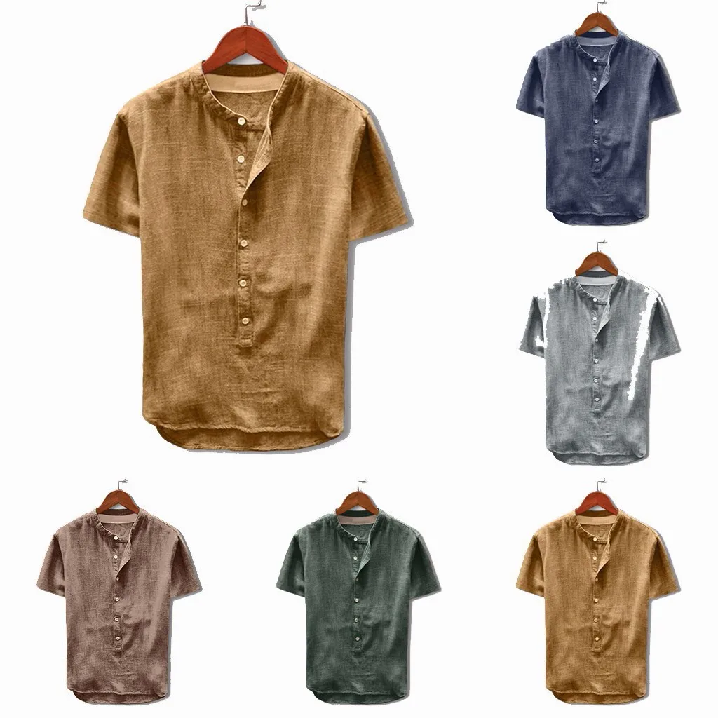 Chemise d'été en coton et lin pour hommes, couleur unie, manches courtes, tunique rétro