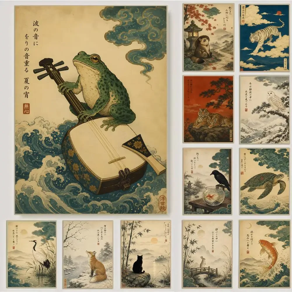 Vintage Japanese ukiyoe animal wave print Poster Waterproof Sticky Wall Art Print For Bedroom Living Room Hallway Bar Home Decor