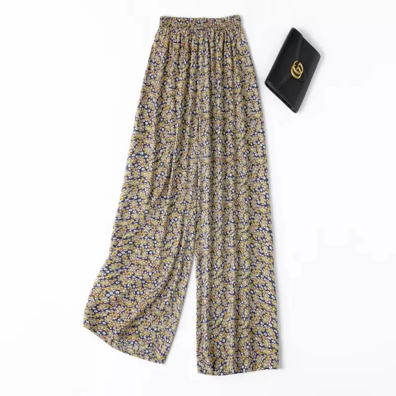 Winsleter,  50% Silk 50% Cotton Wide Leg Pants, Woman Elastic Waisted Paisley, Casual Loose Pants, 2024 Summer Autumn B47871QC