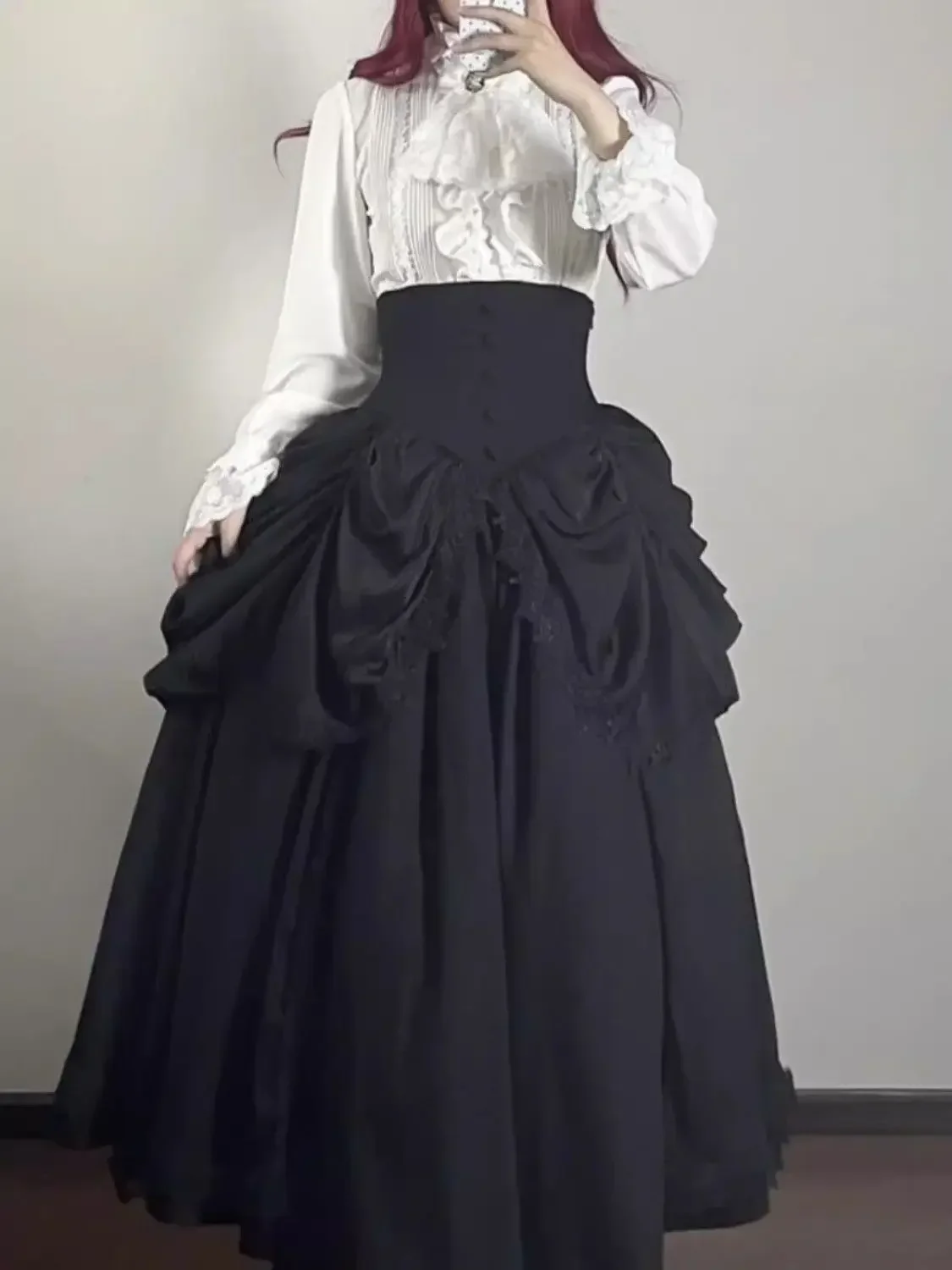 Dophee Original Lolita Sets SK Solid Black White Flare Sleeve Women Shirts Elegant Top High Waist High Waist Skirt Gothic Suits