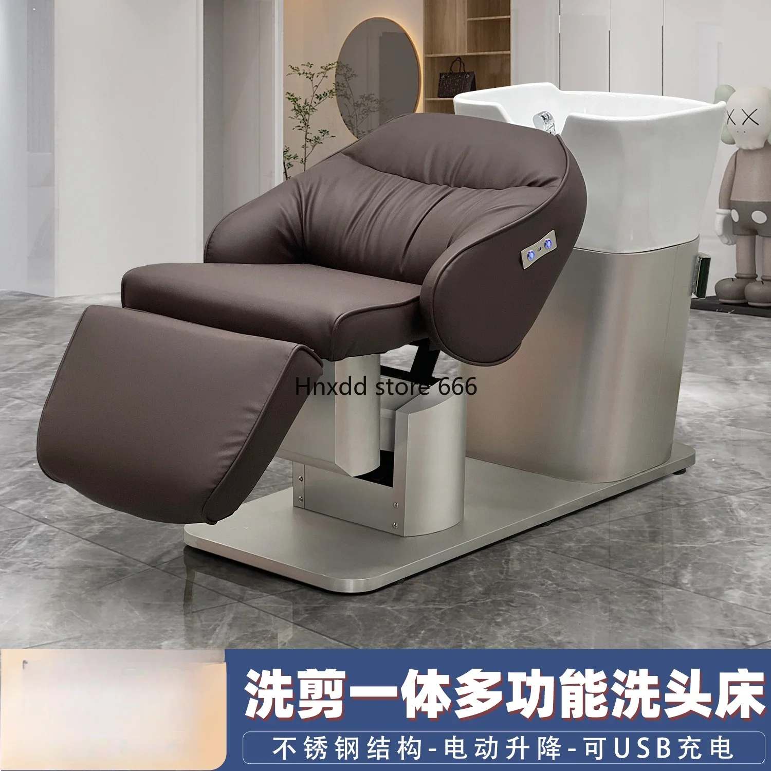 Electric lift barber shop special semi-reclining hair shampoo bed ceramic basin flushing bed