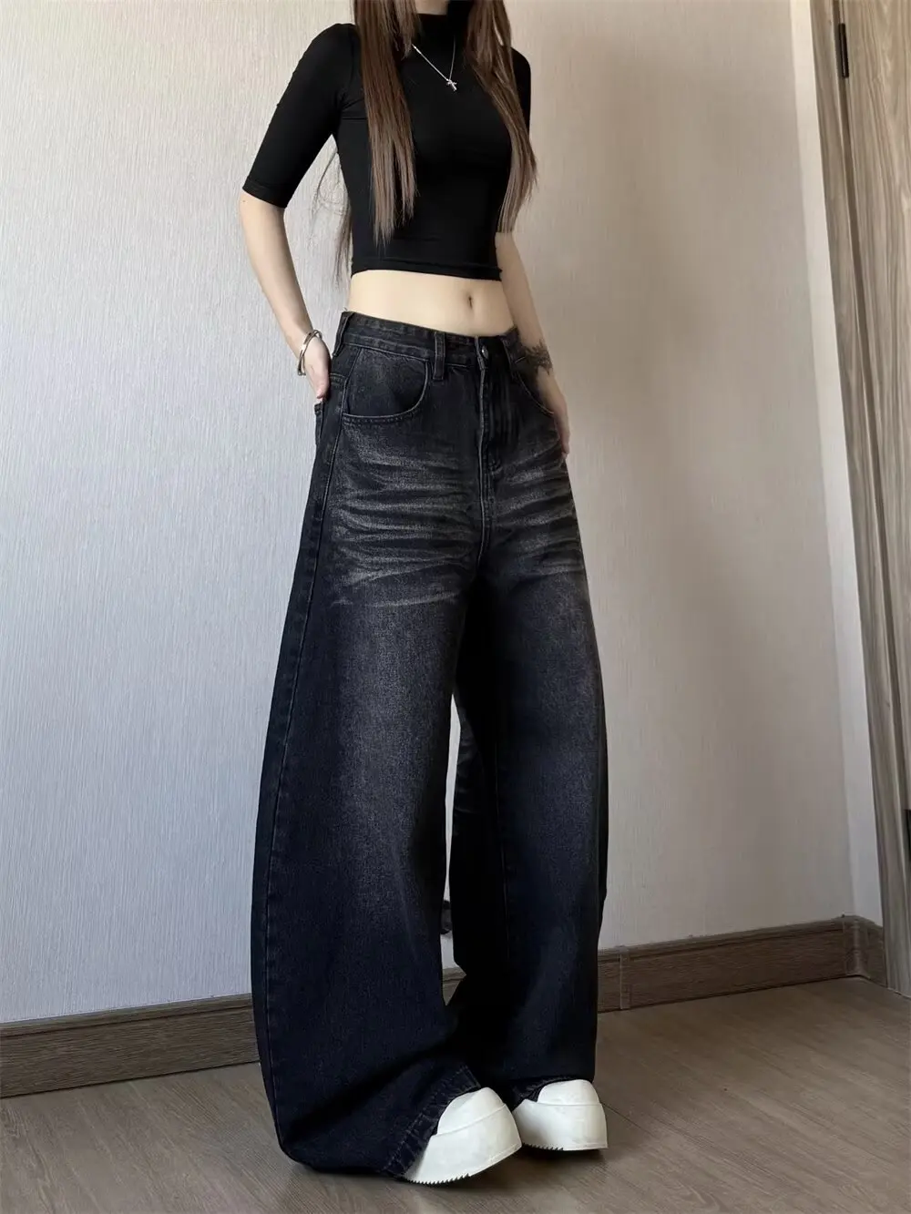 Koreańskie jeansy vintage z wysokim stanem, damskie, wyszczuplające, o kroju łezki, luźne, proste, z rozszerzanymi nogawkami, czarne, szare, szerokie spodnie dżinsowe, nowe.