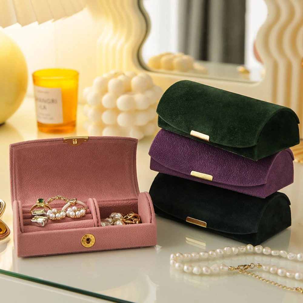 Portable Velvet Jewelry Box For Women Travel Necklace Ring Earrings Storage Solid Color Arched Jewelry Organizer Case Wholesale