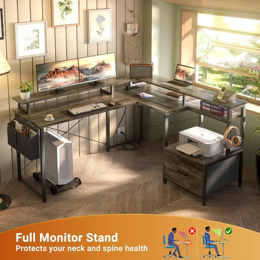 مكتب على شكل حرف L مع درج ملف قابل للعكس على شكل حرف L مع مخرج طاقة وأضواء LED للمكتب المنزلي ومكتب زاوية مع #6