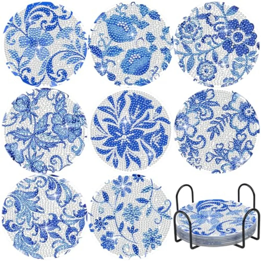 

Diamond Art Coaster Blue Flower Diamond Painting Kits 5D DIY Acrylic Diamond Coasters with Cork Base and Holder for Adults DIY
