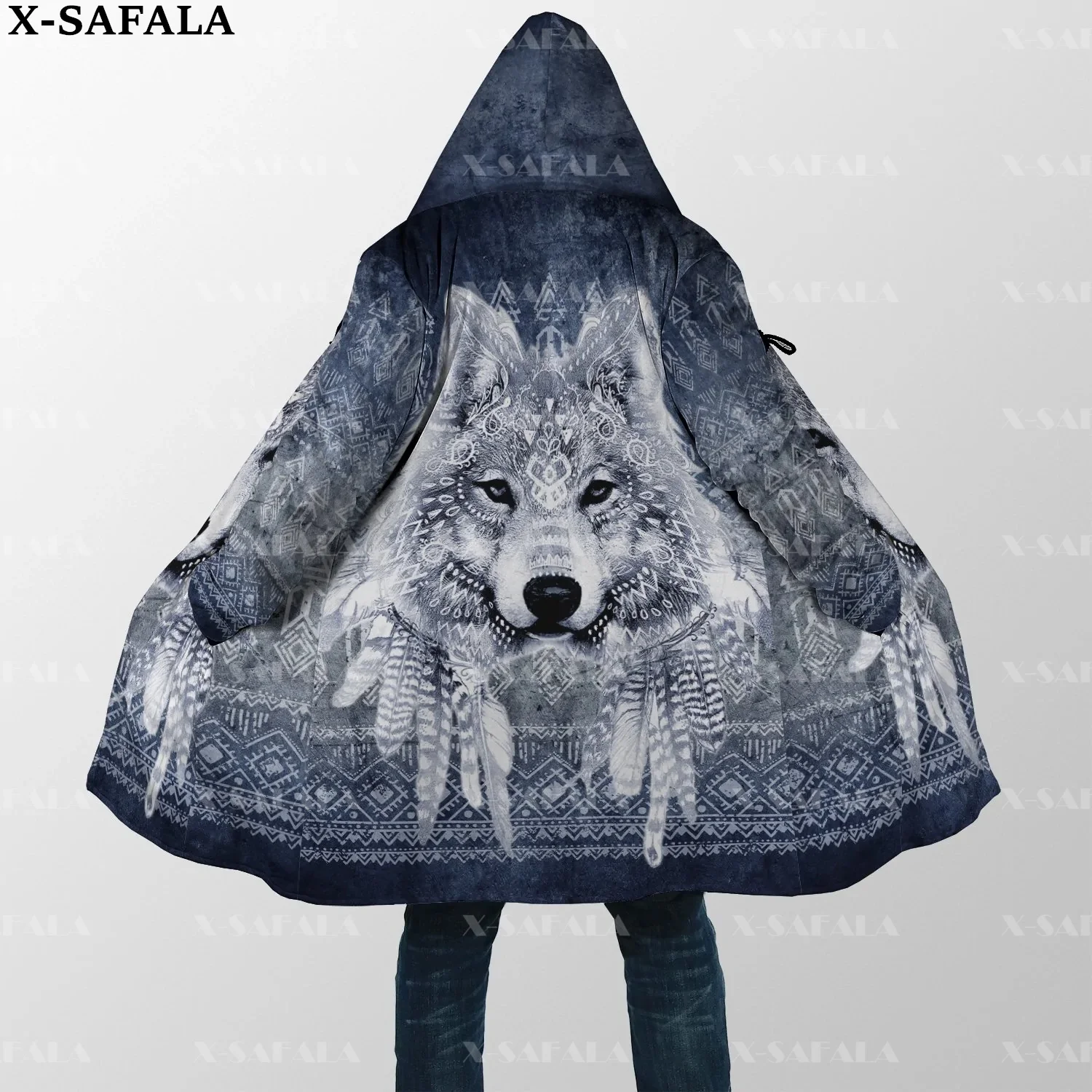 Wolf Lone Full Moon Feather Overcoat Coat 3D Printed Thick Warm Hooded Cloak for Men Windproof Fleece Unisex Casual-40