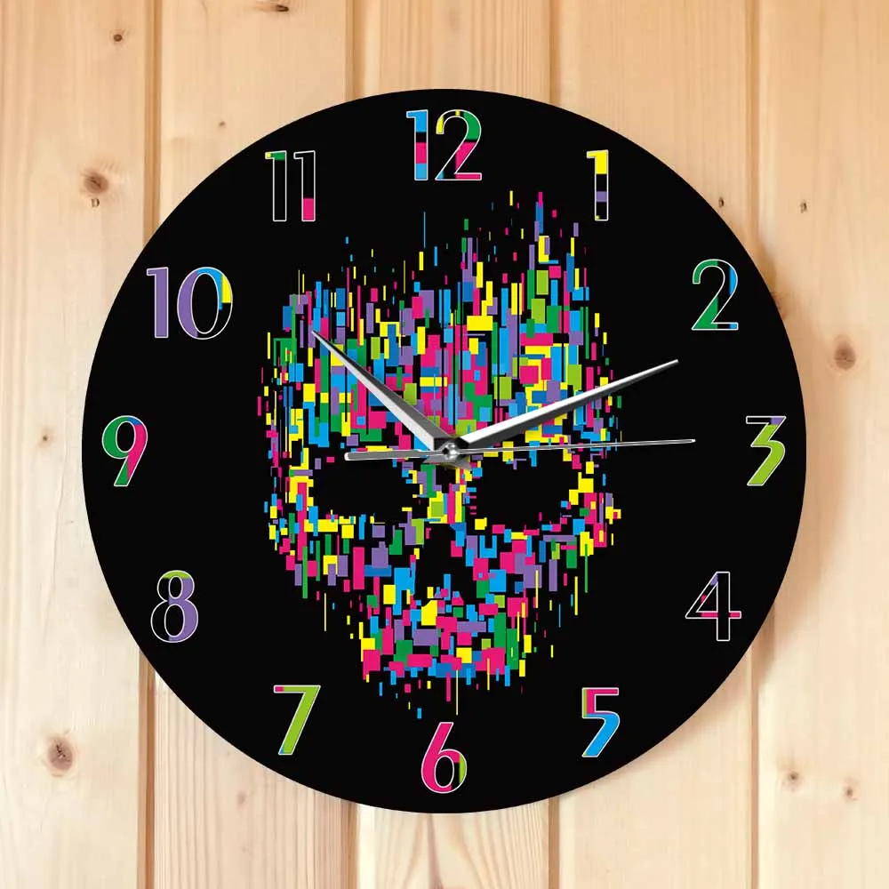 Dripping Colorful Skull Head Minimalist Wall Clock For Man Cave Bedroom Rainbow Melting Skull Head Punk Home Decor Wall Watch