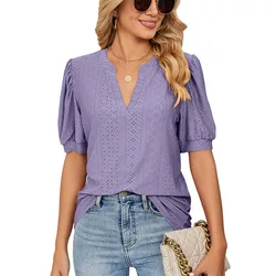 Solide Elegante V-ausschnitt Lose Blusen Für Frauen Mode 2023 Sommer frauen Puff Sleeve Shirts Und Bluse Weibliche Aushöhlen top