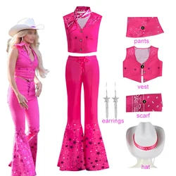 2023 Movie Barbi Cosplay Clothes Cowboy Hat Vintage Flared Pants Girls Kids Halloween Costume Carnival Party Barbi Pink Outfits