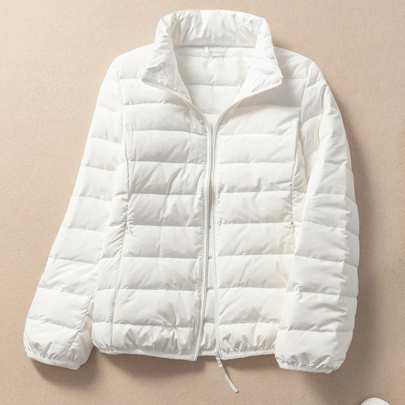 Women Lightweight Stand‑Collar White Duck Down Jacket White Short Puffer Coat Casual Warm Zip Up Outerwear for Autumn Winter