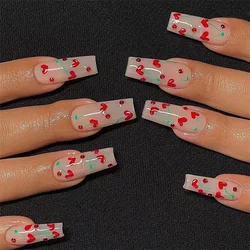 24Pcs/Set French Fake Nails Tips Love Red Diamonds Cherry Full Coverage Wearing False Nails Removable Acrylic Press on Nail Art