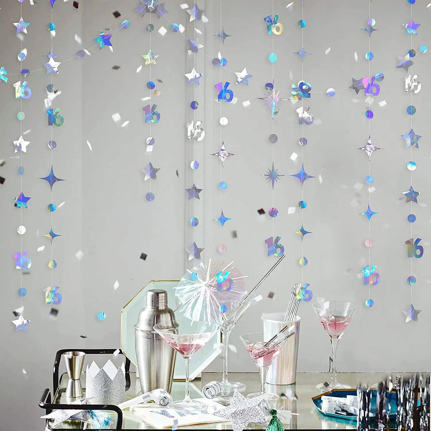 Decorações de Feliz Aniversário, Iridescente, Número 10, Ponto Círculo, Estrela Brilha, Guirlanda, Streamer Suspenso, 10 ° Aniversário, 13Ft
