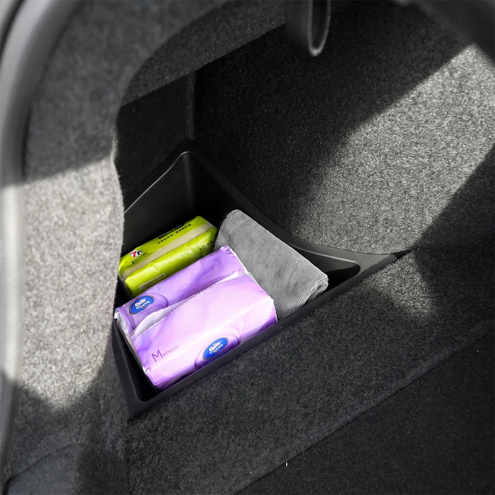 For Tesla Model Y Juniper 2025+ To Latest Launch Juniper Rear Trunck Side Storage Box With Flocking TPE Lids Covers Drawstring