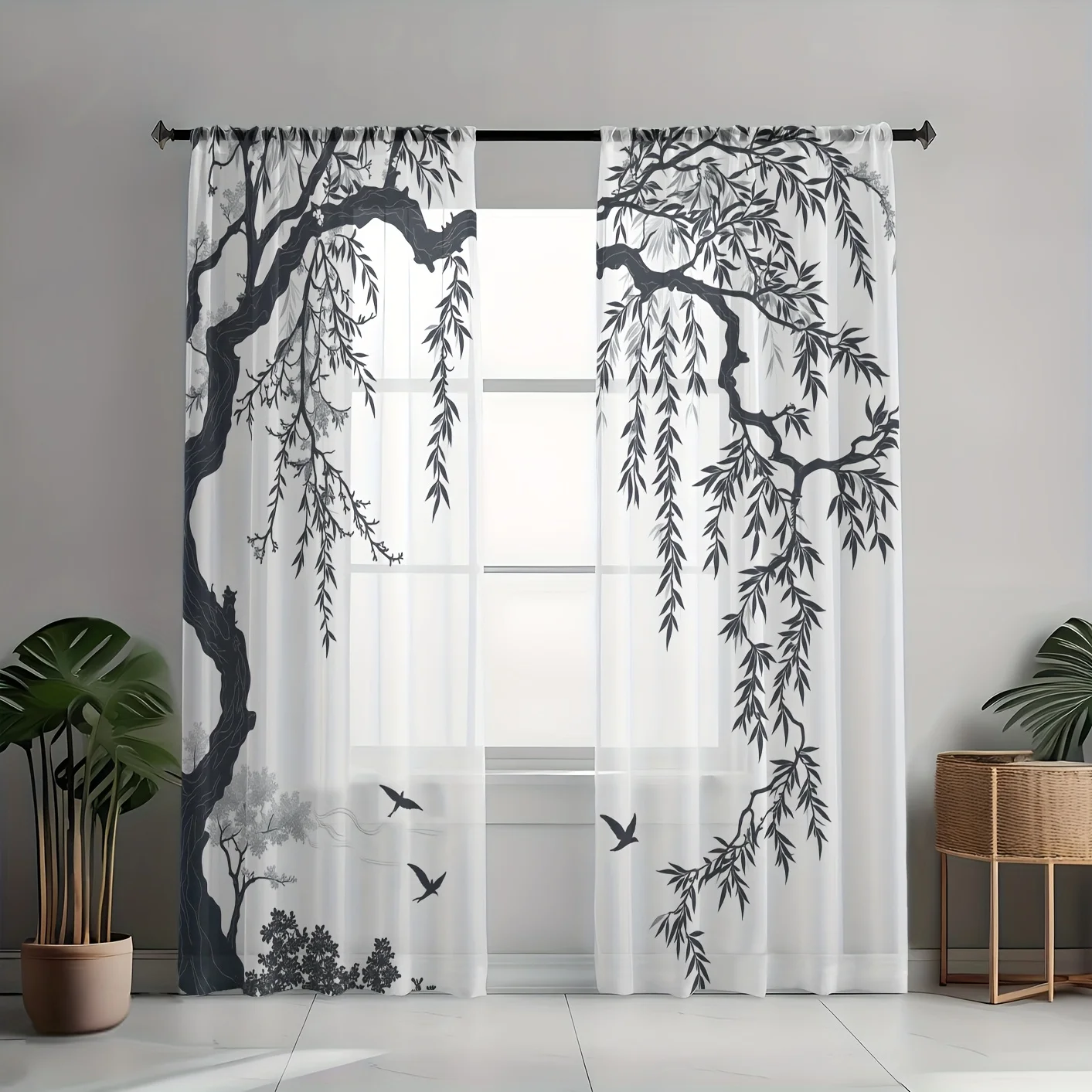 2PCS Minimalist Sheer Curtains, Ink Willow Tree Bird, Digital Print, Bedroom Living Room, Rod Pocket Polyester, Home Decor