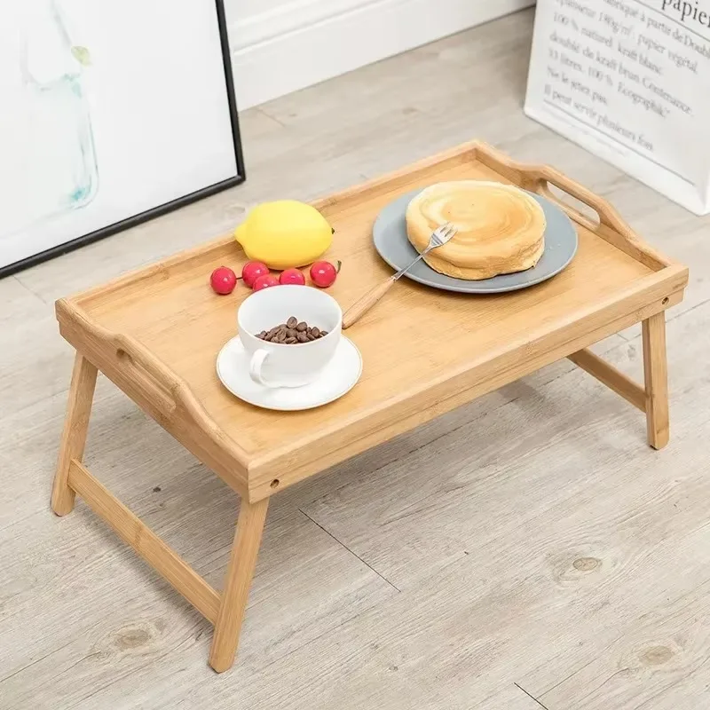 50Cm Folding Table Bamboo Mini Dining-table Multifunction Breakfast Dessert Tray Bed Desk Household Living Room Bedroom Supplies