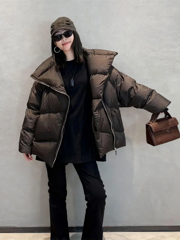 Faionable Brown Bread down Jaet Women's Winter New Sle Big Collar Street Sle Commute Sle Korean Version Polyester F...