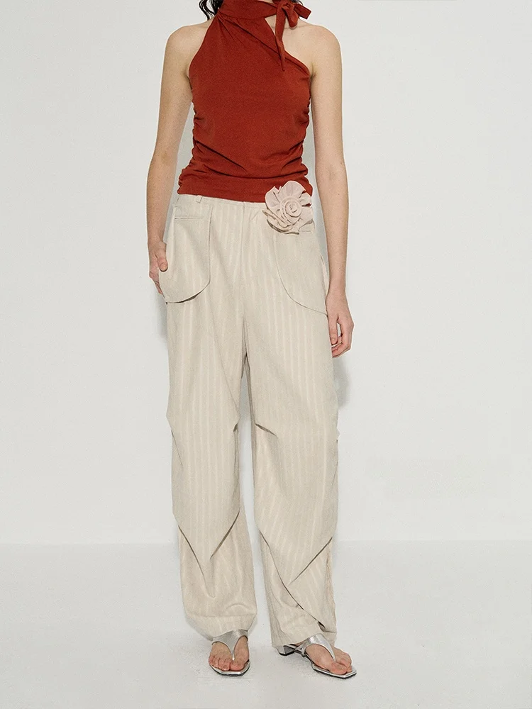 

CC Faux Fur CECI 'Pixel Evening Wind' Slimming Silk Satin Outer Patch ket Casual Pants High Waist Asymmetric Long Straight...