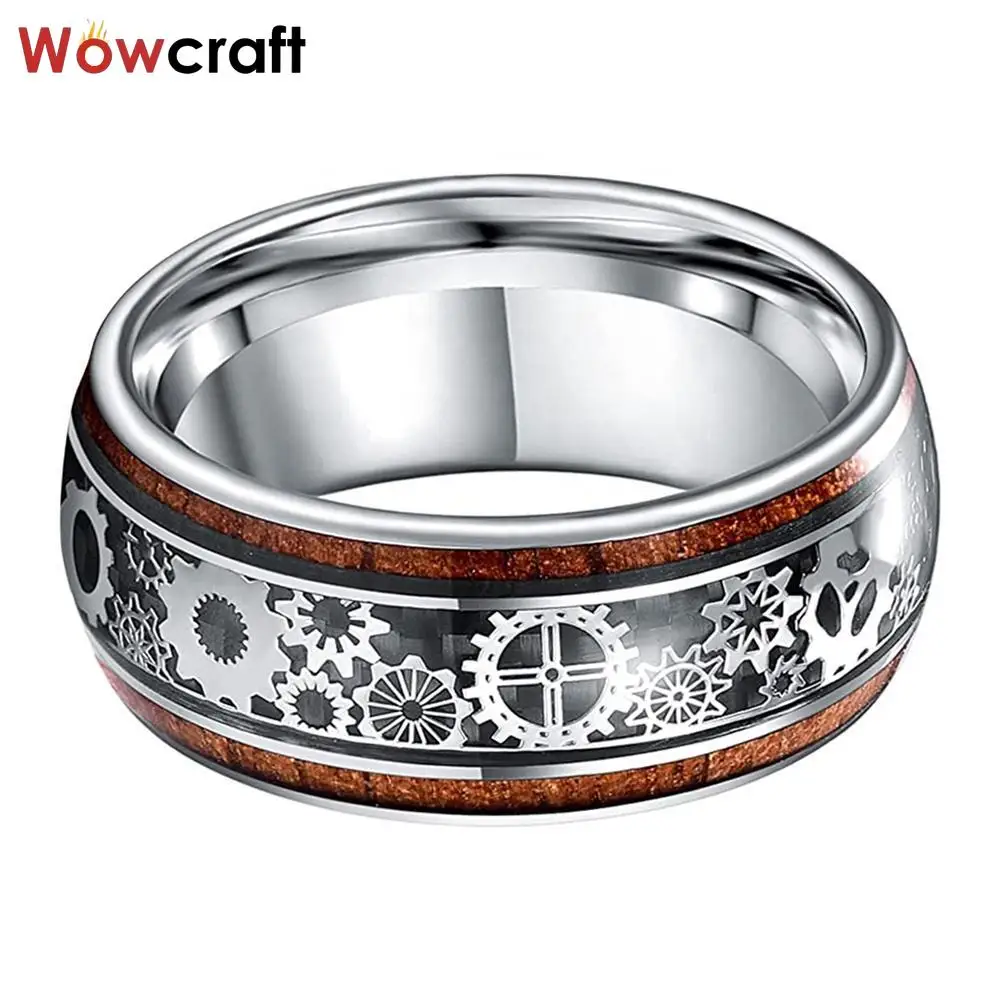 Tungsten Ring for Men Women Steampunk Gear Wood Carbon Fiber Inlay Fashion Wedding Band