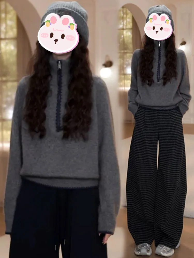 

Korean Sle High Collar f Zip Knitted Sweater Women's Loose Slimming Casual Versatile Anti-Aging Trendy Top