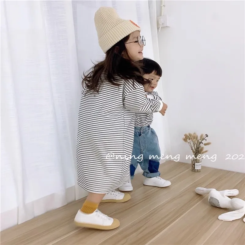 Brother and Sister Matching Twins Clothes Baby Boys Striped Sweatshirts Toddler Girls Dress Korean Fashion Children's Clothing