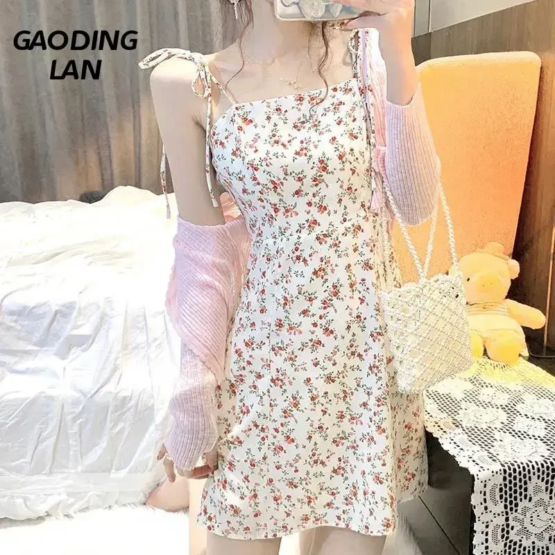 

Summer Hipster Floral Print Strap Slim Fit Women Dress Fairy Sweet Fashion Sleeveless Mini Dress A Line Preppy Suspender Dresses