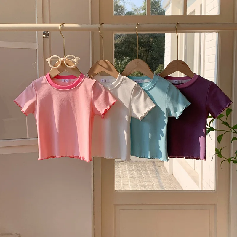 

2026 Summer Hot Selling New Solid Color Round Neck Ear Edge Cuff Short Sleeve Top for Children