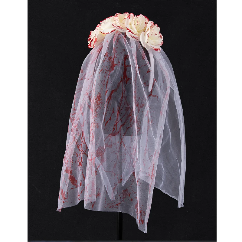 Masque de bande de sauna de fleurs de sang effrayantes pour les femmes, voile blanc de patients sanglants, accessoire d'Halloween, mariée zombie, mariage