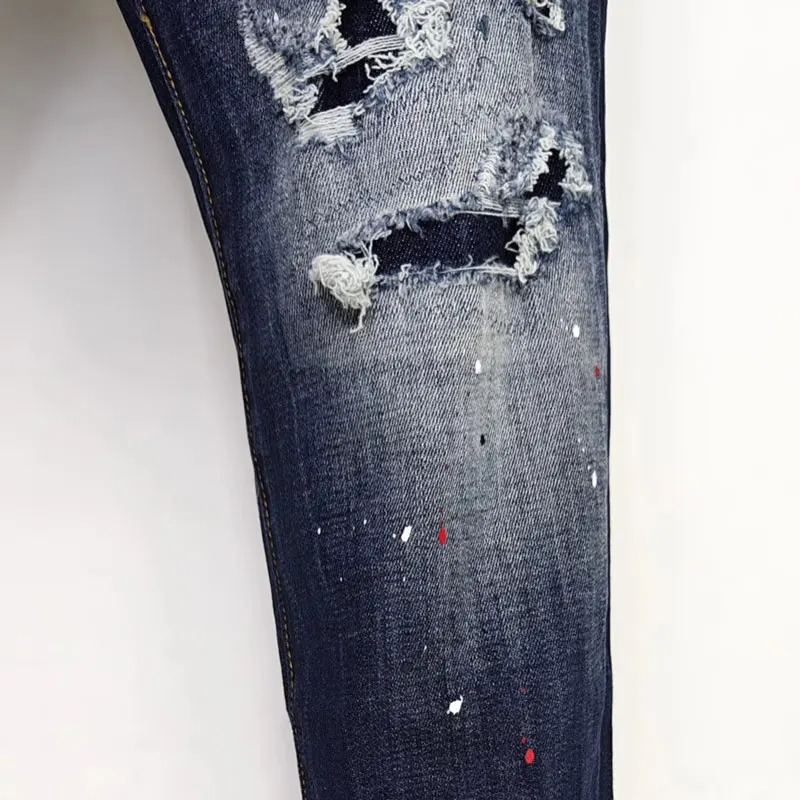

Designer Fashion New Men's Jeans Scratched PaintedY2K Washed Nostalgic Stretch Slim Fit Retro Blue Jeans Hig