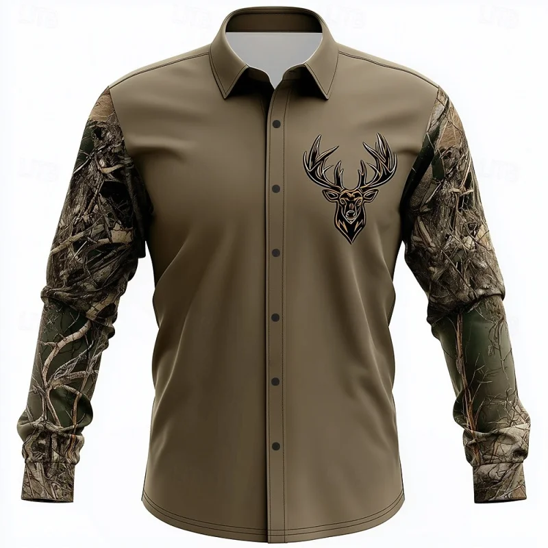 

Men's Camo Reindeer Shirt Button-Down Shirt Long Sleeve Vintage Outdoor Camping and Hiking Hunting Spring Autumn Lapel 3D Print