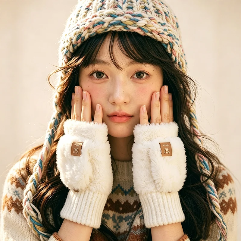 Fleece-Lined and Thickened Plush Half-Finger Flip-Up Gloves for Women, Winter Cold-Proof and Warm Cycling Fingerless Gloves