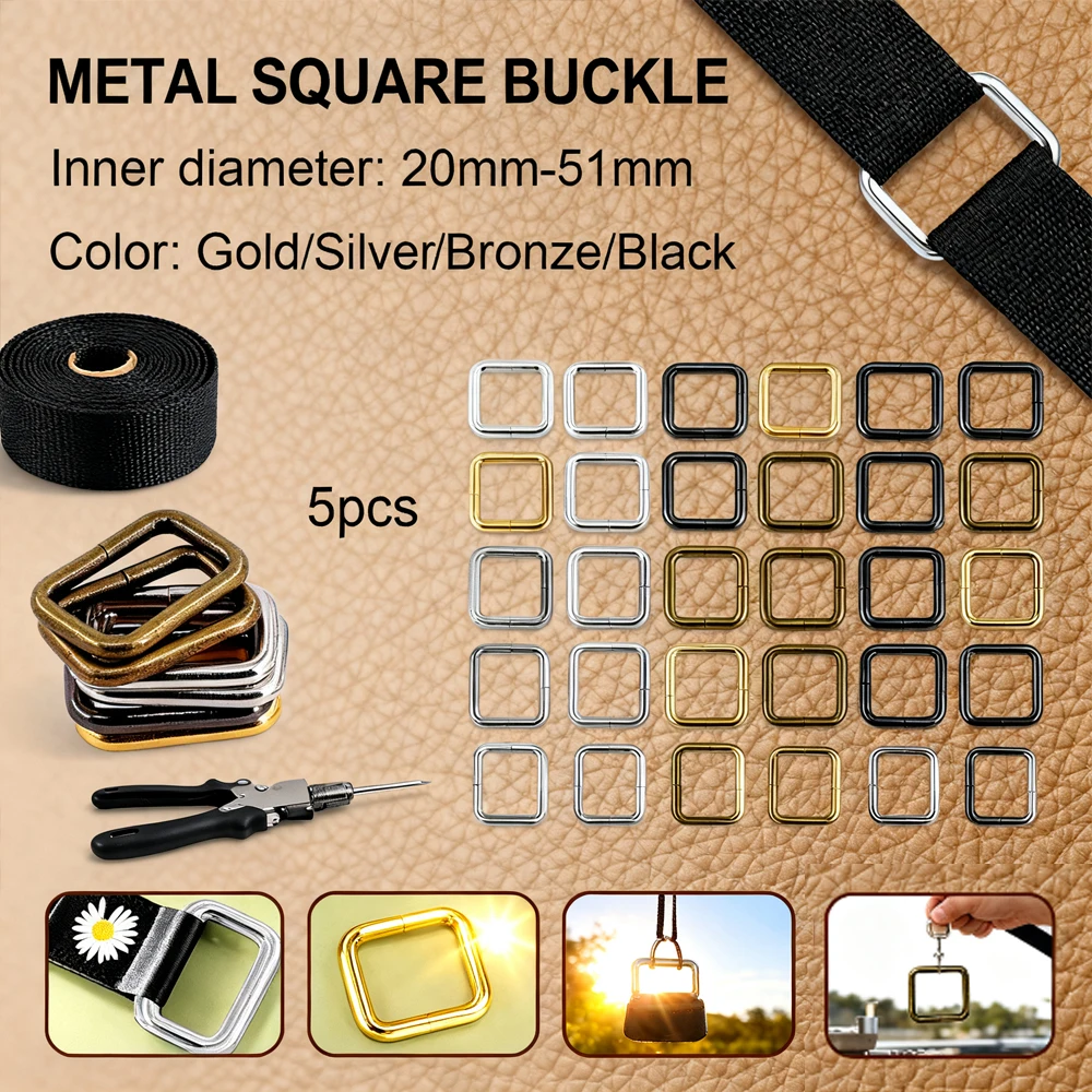 

5PCS Metal High-Quality Thickened Leather Bag Backpack Strap Belt Webbing Dog Collar with Rectangle & Square Rings Loop Buckles