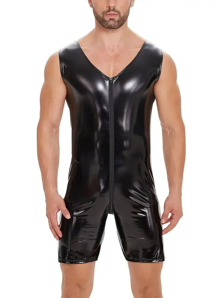 S-7XL بلا أكمام لامعة فو بولي Leather الجلود Playsuit سستة مفتوحة المنشعب ارتداءها نظرة الرطب PVC Catsuit الجوارب الساخن للتنحيف كمال الاجسام