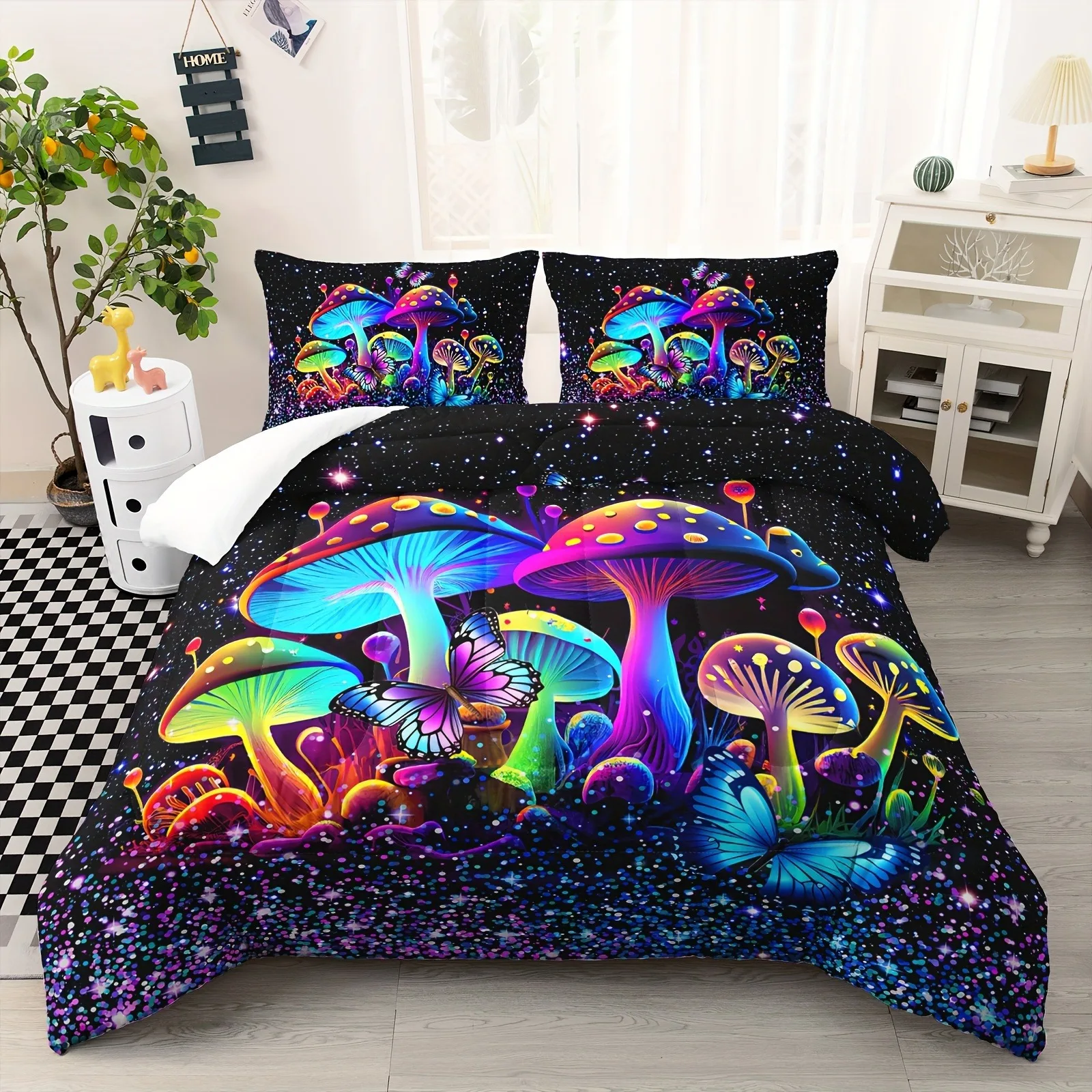 

Mushroom Comforter Set Colorful Sparkle Natural Wild Fungus Bedding Set Botanical Plants Duvet Set Butterfly Comforter