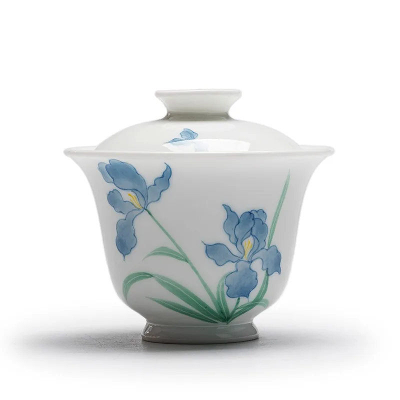

White porcelain pure hand-painted iris flower two talent cover bowl underglaze color ceramic simple and elegant home tea cup