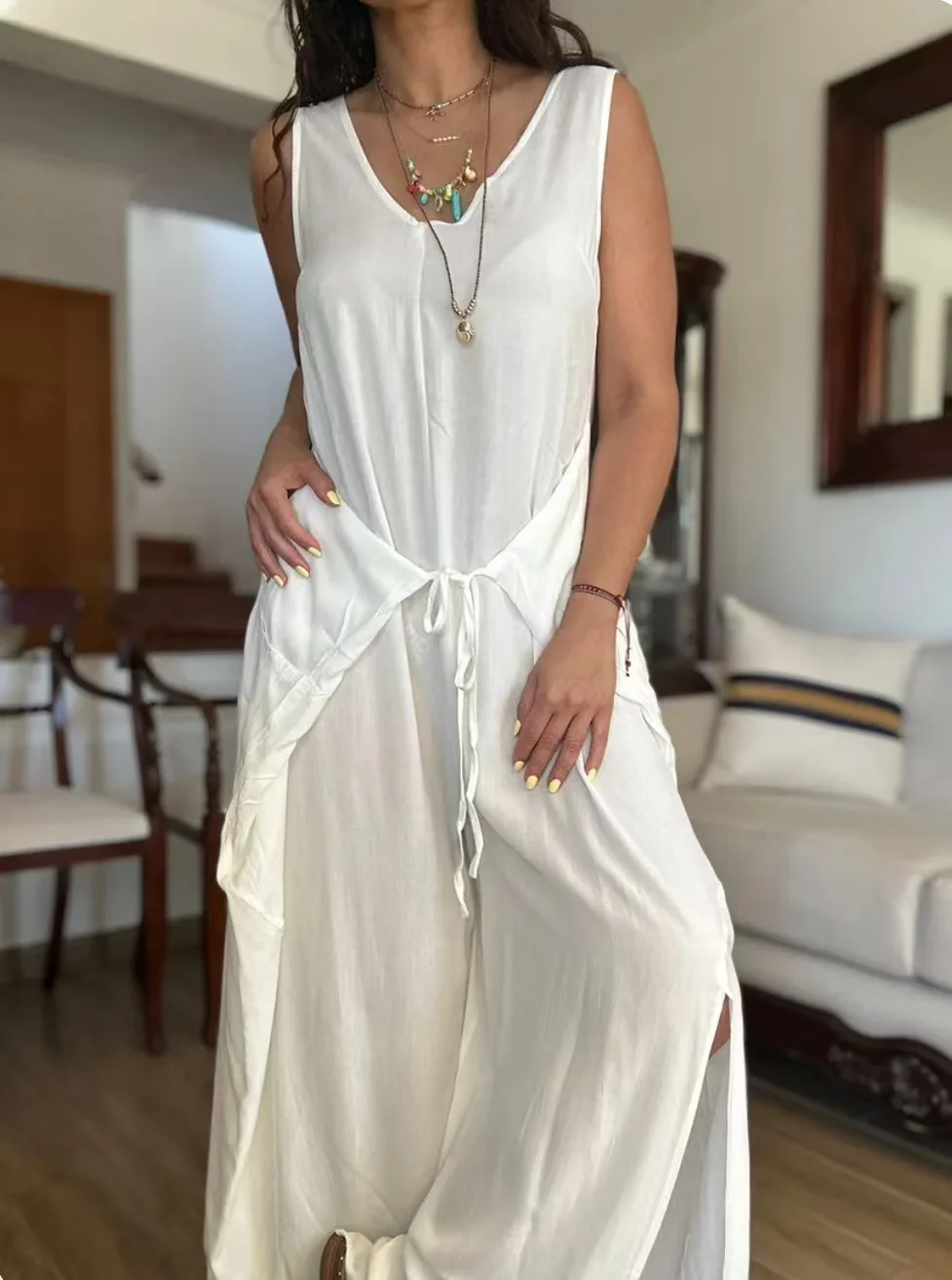 New Summer Loose White Sleeveless Irregular Jumpsuits Women's Summer Sleeveless Fashion Lace-up Casual Streetwear Woman Rompers