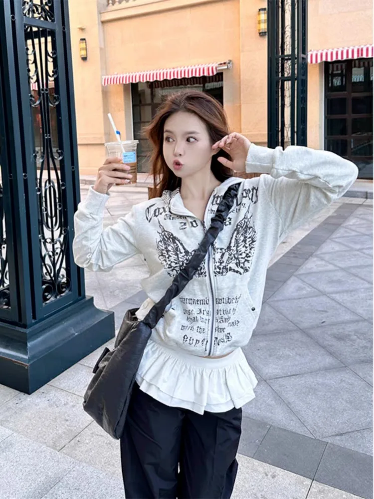 الأمريكية خمر رسالة مطبوعة الأبيض مقنعين البلوز 2025 الخريف الشتاء بلوزة جديدة للنساء فضفاضة طويلة الأكمام معطف غير رسمي