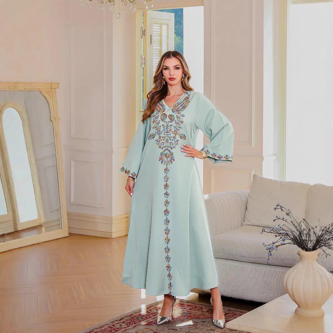 

2025 Muslim Ramadan Abaya Embroidery Diamonds Evening Dress Eid Marocain Jalabiya Dubai Kaftan Turkey Arab Long Robe