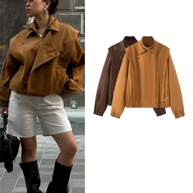 

Fall New Arrival Loose Suede Biker Jaet Women's Faion Casual Sle Pure Color Zipper Closure ort Coat Outerwear