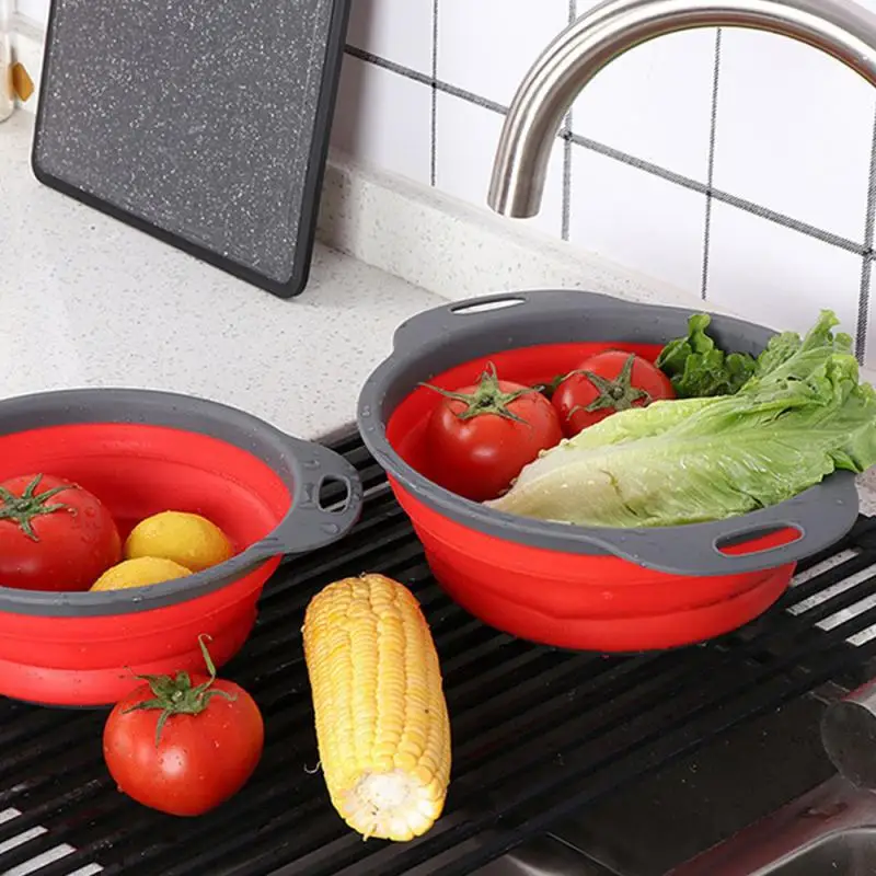 

2Pcs Round Collapsible Colander Silicone Kitchen Fruit Vegetable Washing Basket Strainer Foldable Drainer Kitchen Gadgets Tools