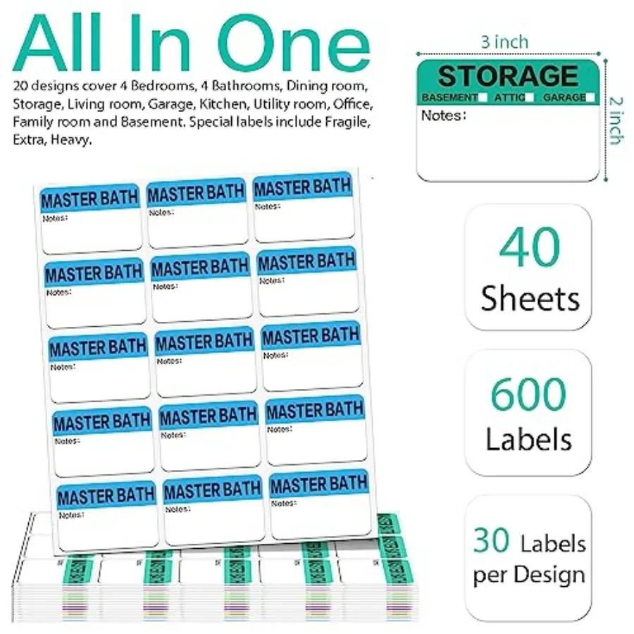 Count 3 x 2 Large Home Moving Packing Box Labels for 3-4 Bedroom House with Writable Notes Areas, 17 Color Coded Moving Labels