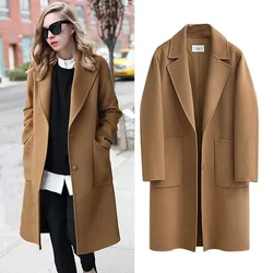 Women's New Autumn/winter Fashion Double-sided Woolen Coat,solid Color Lapel Loose Hidden Buttons Long Woolen Coat with Pockets