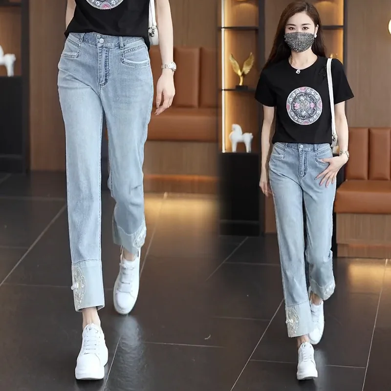 

New Chinese Style Straight Jeans Women's Spring Popular Hot-Selling Product Pants Cropped National Style Embroidery Pants