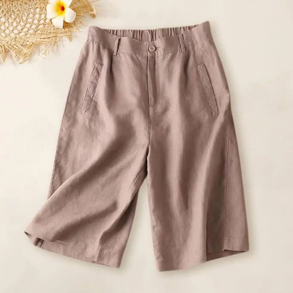 Women Summer Shorts Elastic Waist Pockets Solid Color Loose Wide Leg Daily Wear Straight Thin High Waist Shorts Female Clothes